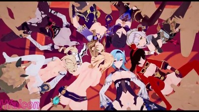 Групповой секс с персонажами из игры Genshin Impact, доступный для просмотра на мобильных устройствах.