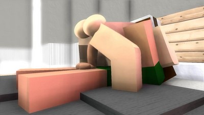 Возбужденная девушка играет в Minecraft 3D и взаимодействует с персонажами игры.