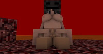 В Minecraft 3D, девушка верхом на коне, осуществляет передвижение по полю.