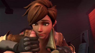 Tracer, a brunette character from Overwatch, is playing with the new hero's private part.