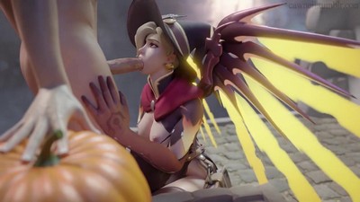 На Хэллоуин mercy занимается сексуальными играми с молодым партнером.
