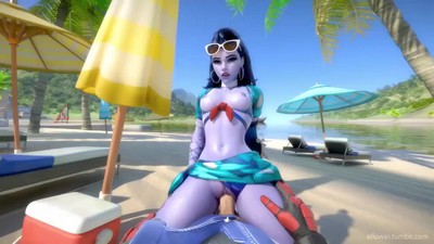 Widowmaker, without shame, engaged in sexual activity with a man on a public beach.