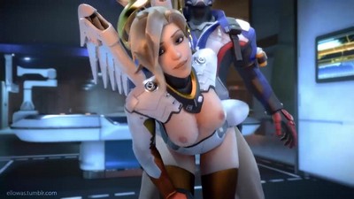 Soldier 76 passionately engages with his busty girlfriend Mercy - adult cartoon.