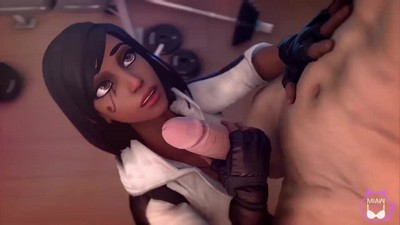 Pharah, the mixed-race character from Overwatch, engages in oral activities with another character.
