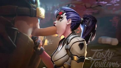 Widowmaker is attempting to deepthroat a large dick.